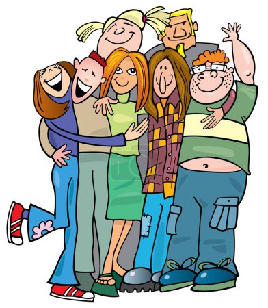 Illustration for Vector illustration of a happy cartoon friends hugging together. - Royalty Free Image