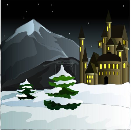 Illustration for Winter night scene with snow - covered castle illustration - Royalty Free Image