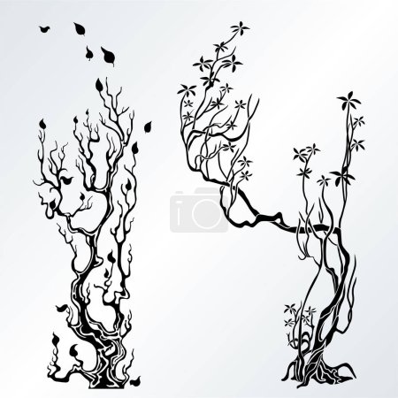 Téléchargez les illustrations : Silhouettes d'arbres et de feuilles - en licence libre de droit