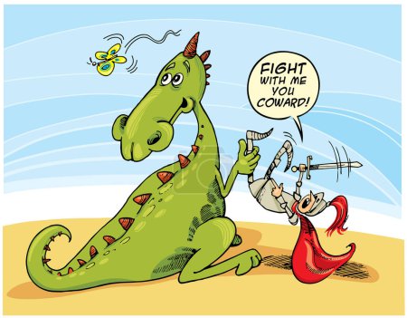 Ilustración de Ilustración de dibujos animados de divertido dragón y caballero - Imagen libre de derechos