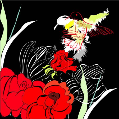 Ilustración de Hermosas rosas rojas con mariposas - Imagen libre de derechos