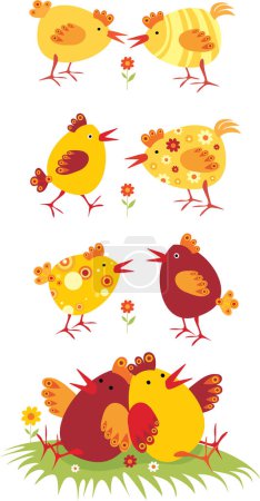 Téléchargez les illustrations : Illustration vectorielle avec des poules de dessin animé drôles - en licence libre de droit