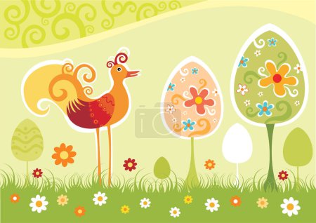 Ilustración de Tarjeta de Pascua con huevos y pollo - Imagen libre de derechos