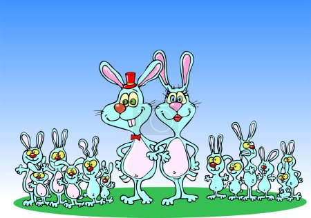 Ilustración de Conejos divertidos con huevos rojos grandes - Imagen libre de derechos