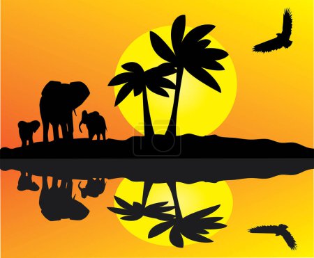 Téléchargez les illustrations : Safari africain avec silhouettes d'éléphants - en licence libre de droit