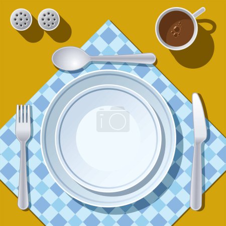 Ilustración de Mesa con un plato y cuchara y tenedor, un plato, una taza de café, una servilleta y un cuchillo en un mantel - Imagen libre de derechos