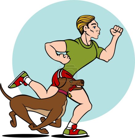 Téléchargez les illustrations : Illustration de dessin animé de l'homme courant avec un chien - en licence libre de droit