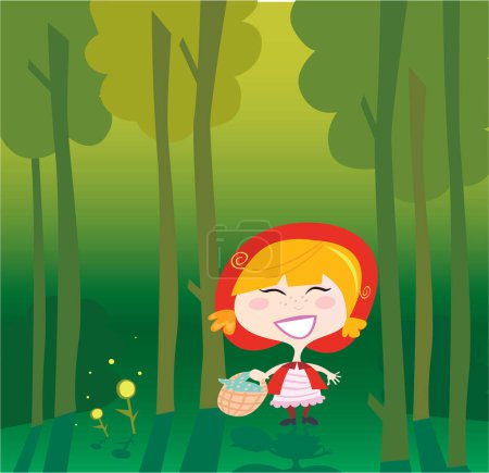 Illustration for Girl with red cape walking in forest with a basket - Royalty Free Image