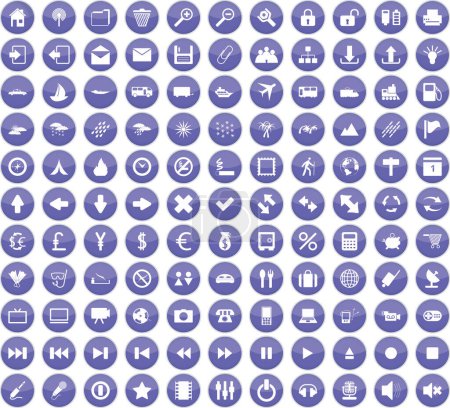 Téléchargez les illustrations : Icônes placées dans des cercles violets isolés sur l'illustration vectorielle blanche - en licence libre de droit