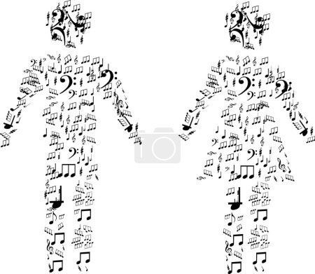 Téléchargez les illustrations : Silhouette vectorielle de l'homme et de la femme avec des notes musicales - en licence libre de droit