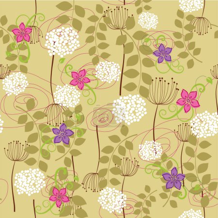 Ilustración de Patrón sin costura floral vectorial con flores y mariposas - Imagen libre de derechos