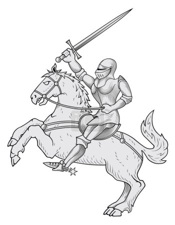 Téléchargez les illustrations : Chevalier dans un casque et une épée noire sur fond blanc. - en licence libre de droit