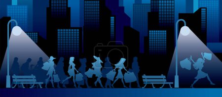 Téléchargez les illustrations : Nuit silhouette de ville avec des gens - en licence libre de droit