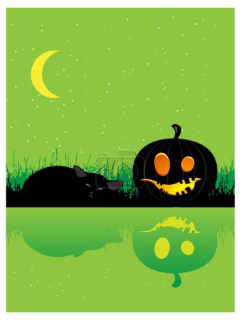 Téléchargez les illustrations : Carte d'Halloween avec citrouilles et lune - en licence libre de droit