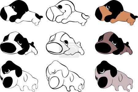 Téléchargez les illustrations : Jeu vectoriel de chiens de dessin animé mignon, illustration vectorielle conception simple - en licence libre de droit