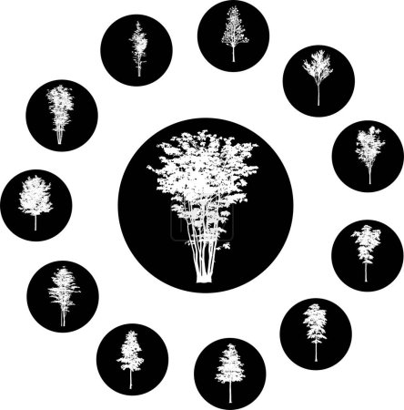 Téléchargez les illustrations : Jeu d'icônes d'arbres à l'intérieur des boutons sombres, illustration vectorielle design simple - en licence libre de droit