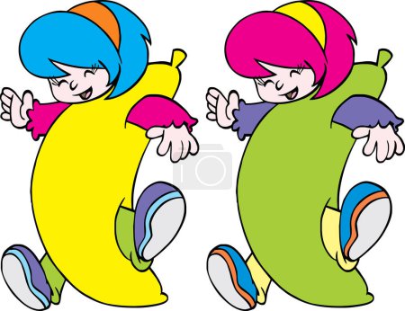 Ilustración de Niñas lindas en el traje azul y un arco iris. ilustración vectorial aislada sobre un fondo blanco. - Imagen libre de derechos