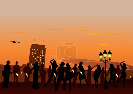 Téléchargez les illustrations : Silhouette vectorielle des personnes au coucher du soleil - en licence libre de droit
