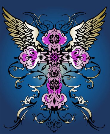 Illustration for Vintage wings and cross, floral ornament. - Royalty Free Image