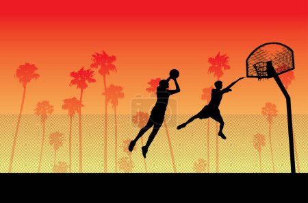 Téléchargez les illustrations : Silhouette d'une fille dans un terrain de basket - en licence libre de droit