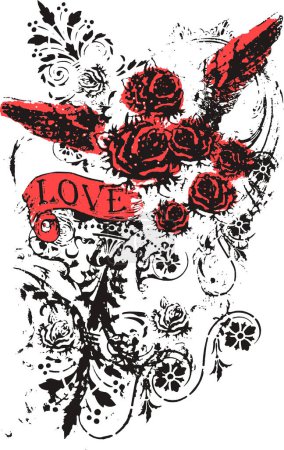 Illustration for Vector hand - painted heart with roses and flowers. - Royalty Free Image