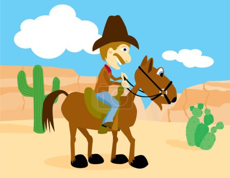 Téléchargez les illustrations : Cow-boy chevauchant un cheval dans le désert illustration - en licence libre de droit