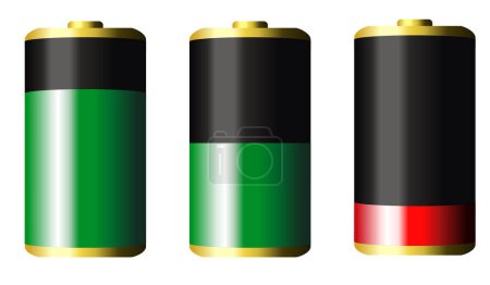 Ilustración de Conjunto de baterías negras y doradas sobre fondo blanco. Representación 3 d - Imagen libre de derechos