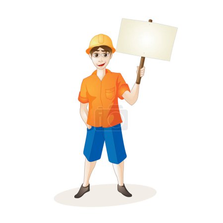 Téléchargez les illustrations : Dessin animé vectoriel d'un garçon sur le chantier tenant une pancarte vierge et montrant son signe vide avec un signe vierge. - en licence libre de droit