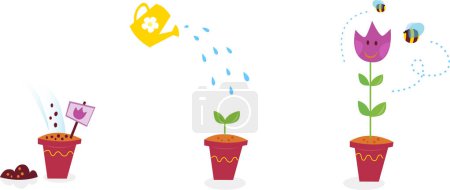 Illustration for Set of cartoon watering can with flowers and plants. vector illustration. flat design style. - Royalty Free Image