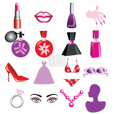 Ilustración de 12 iconos de silueta vectorial para la belleza o la moda. También disponible como botones y en negro. - Imagen libre de derechos