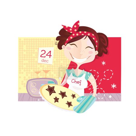 Illustration for Cute girl with christmas gift and cookies - Royalty Free Image