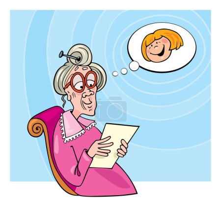 Ilustración de Ilustración de dibujos animados de una abuela leyendo un libro. - Imagen libre de derechos