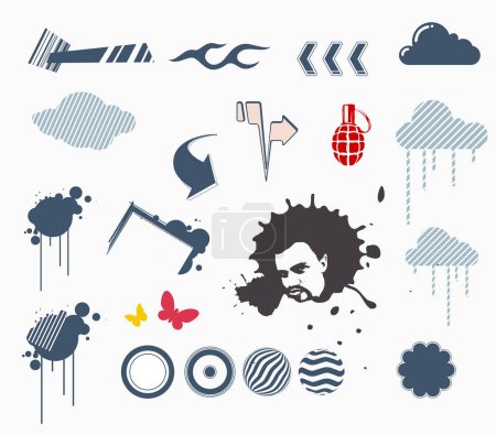 Téléchargez les illustrations : Icônes météorologiques avec nuages orageux, pluie, vent, pluie et autres éléments vectoriels. illustration isolée icônes météo. - en licence libre de droit