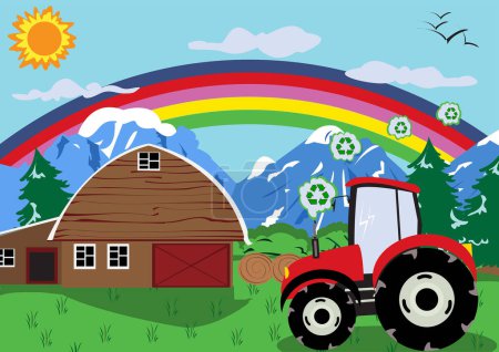 Téléchargez les illustrations : Illustration vectorielle avec tracteur et arc-en-ciel - en licence libre de droit