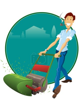 Illustration for Young man with lawn mower - Royalty Free Image