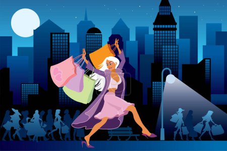 Illustration for Women with shopping bags and cityscape at night city vector design - Royalty Free Image