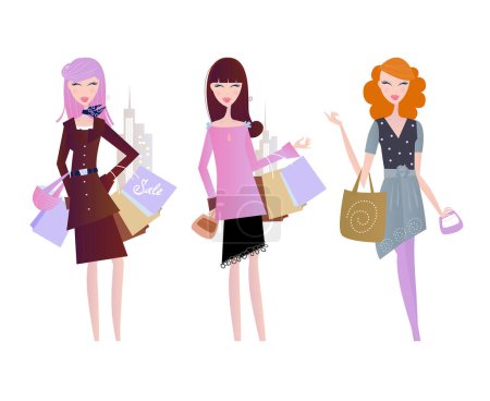 Illustration for Women in different style clothes with shopping bags, vector - Royalty Free Image