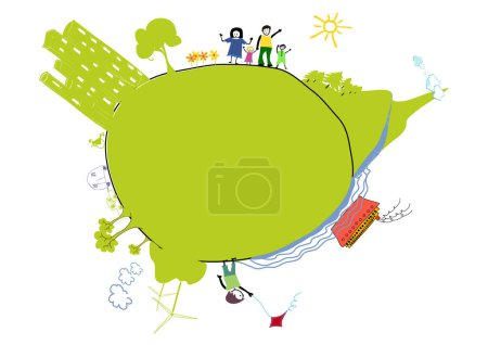 Téléchargez les illustrations : Dessin vectoriel de la famille heureuse sur la prairie verte - en licence libre de droit