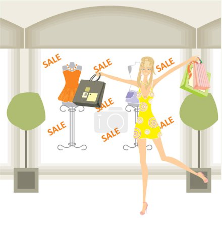 Illustration for Shopping girl with sale bags, vector illustration - Royalty Free Image