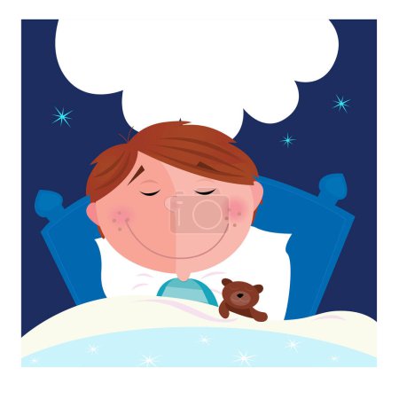 Ilustración de Chico en una cama con un osito de peluche - Imagen libre de derechos