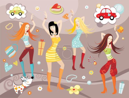 Ilustración de Chicas jóvenes con estilo bailando, vector de ilustración - Imagen libre de derechos