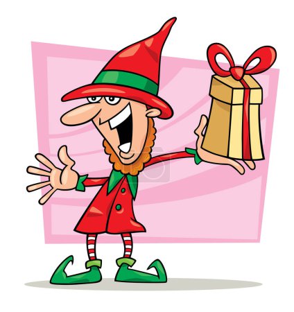 Ilustración de Elfo de dibujos animados con regalo - Imagen libre de derechos
