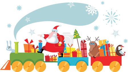 Téléchargez les illustrations : Scène de Noël avec Père Noël claus et rennes dans le train - en licence libre de droit