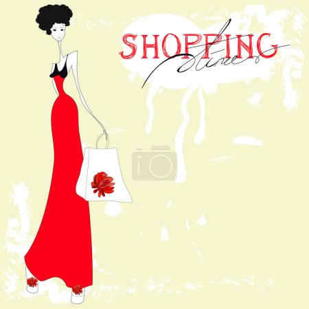 Ilustración de Ilustración vectorial de mujer hermosa en vestido rojo con bolsa de compras - Imagen libre de derechos