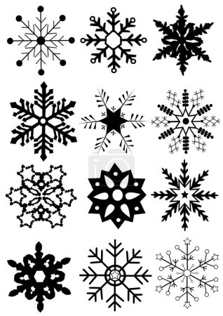 Ilustración de Copos de nieve negros establecidos sobre fondo blanco. - Imagen libre de derechos