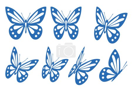 Ilustración de Conjunto de siluetas vectoriales de mariposas azules aisladas sobre fondo blanco - Imagen libre de derechos