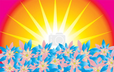 Téléchargez les illustrations : Fond vectoriel avec soleil et fleurs - en licence libre de droit