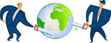 Téléchargez les illustrations : Illustration de deux hommes d'affaires tenant un globe et montrant le monde - en licence libre de droit