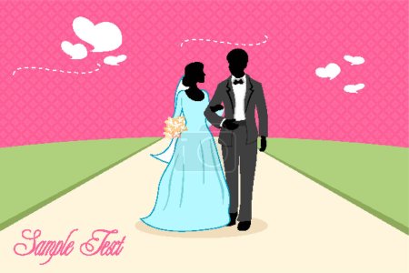 Illustration for Wedding card with bride and groom in the park on pink background - Royalty Free Image