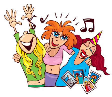 Téléchargez les illustrations : Illustration vectorielle de dessin animé de femmes heureuses avec une fête chantant et dansant. - en licence libre de droit